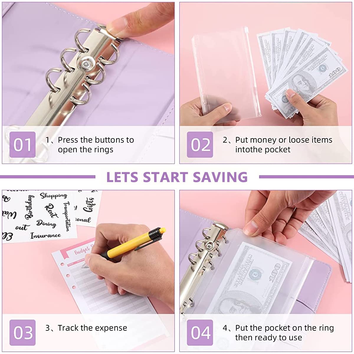 HASTHIP File Folder Ring Binder Notebook for Budget Organization with 6 Rings and 8 Envelopes | A6 PU Leather Purple Set