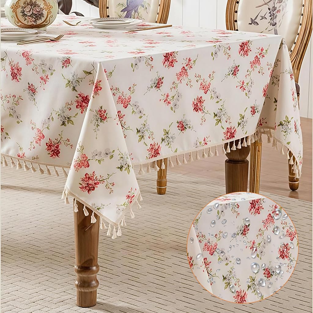 HASTHIP Tablecloth for 4 Seater Featuring Tassel Design and Water Resistant Cotton Linen Blend | 47.2 x 70.8 in Red Dining Table Cover