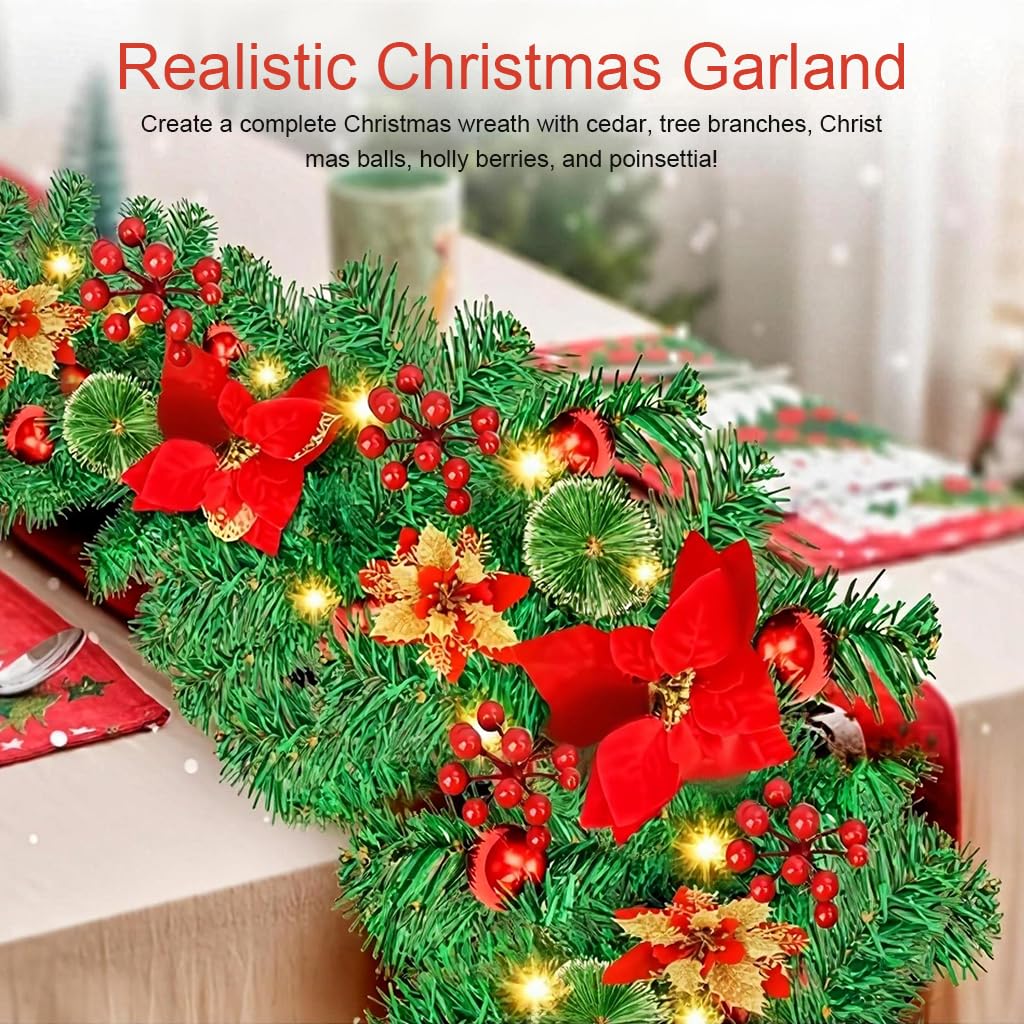 HASTHIP Christmas Garland for Fireplace and Stair Decor with Red Flowers and Berries 106 in | Festive Indoor Outdoor Holiday Decoration