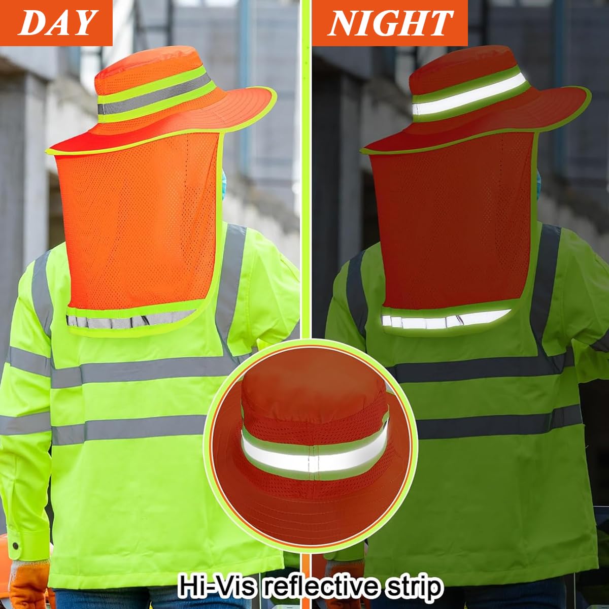 HASTHIP® High Visibility Safety Reflective Bucket Hat with UV Protection, Breathable Mesh Neck Flap, Adjustable Fit for Men & Women, Ideal for Night Work, Hiking, Fishing, Neon Color Design