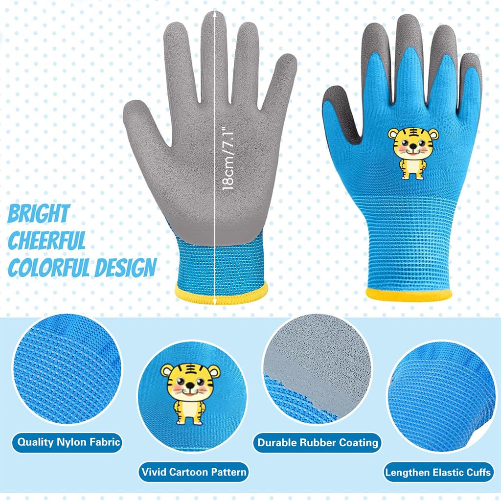 HASTHIP Kids Gardening Gloves for Outdoor Play with Protective Rubber Coating | 3 Pairs for Ages 5–9