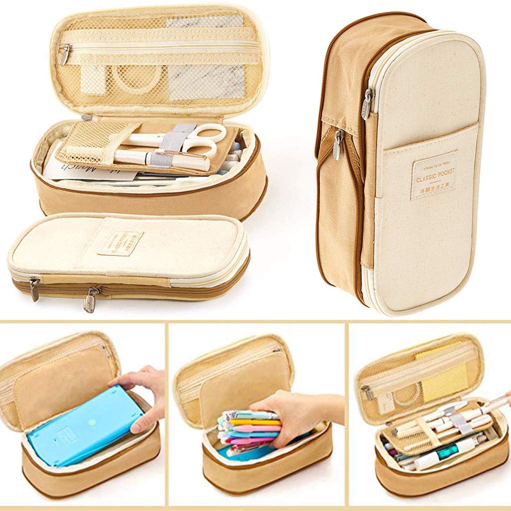 HASTHIP Pencil Case for Students with Double Zippers and 21.5×10×7cm Expandable Storage | Nylon Khaki Pouch