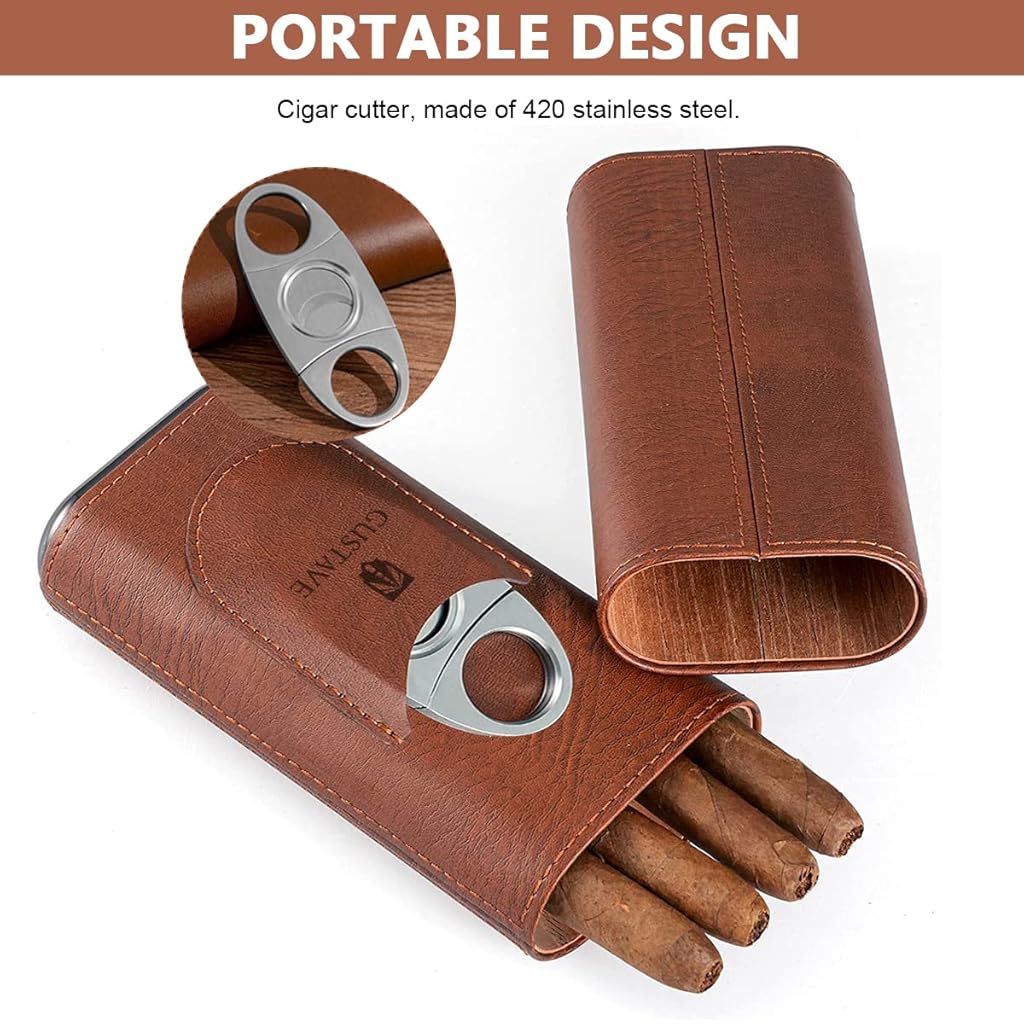 HASTHIP® Fortune Nexus Cigar Case for Travel,Cedar Wood Lined Leather Humidor with Stainless Steel Cigar Cutter,Portable Humidor Tube Holds 3 Cigars Storage Gift Set for Men 2 Pack Cigars Not