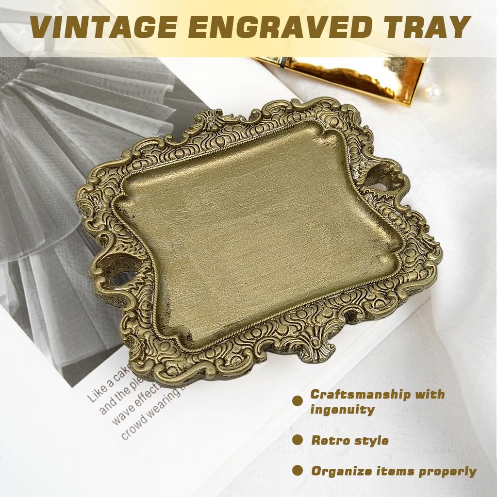 HASTHIP Jewelry Tray Organizer for Dresser featuring Embossed Resin Edge and Retro Metallic Finish 4.92x4.45 in