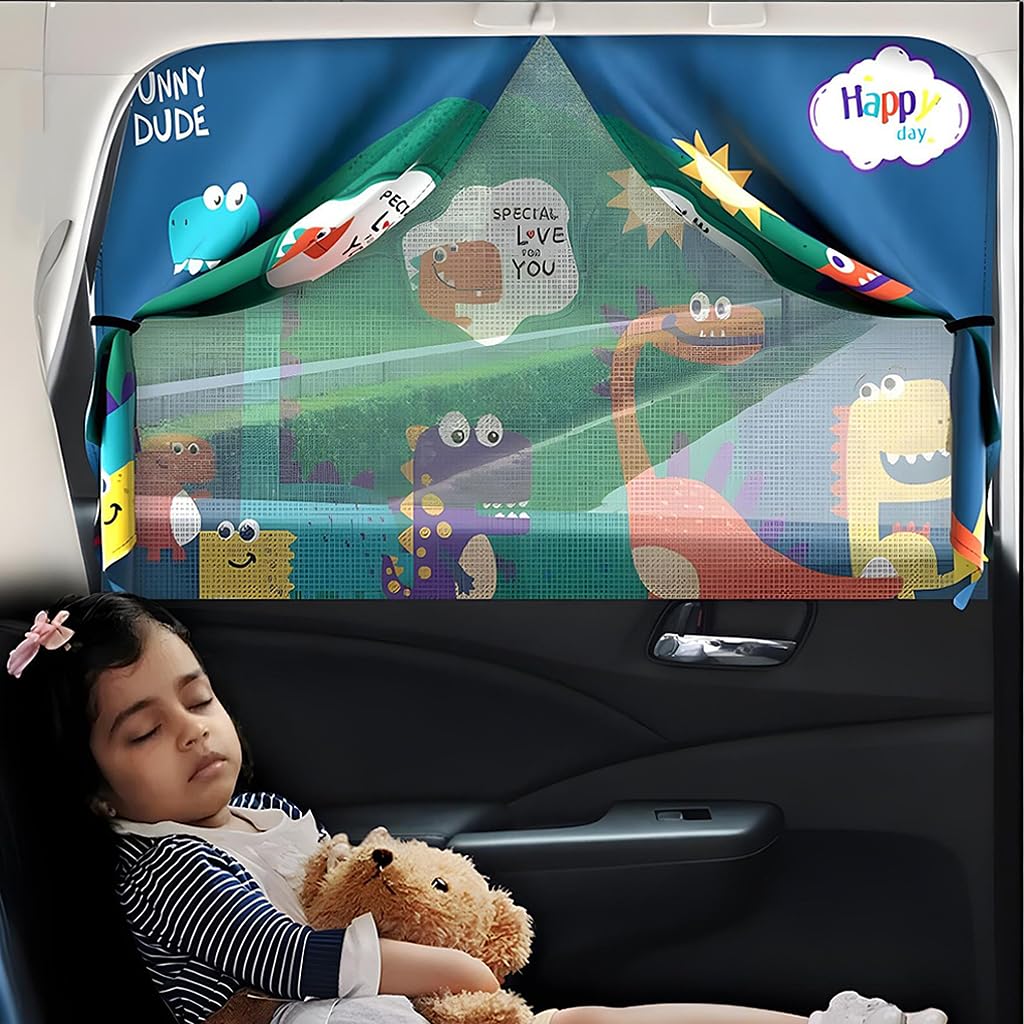 HASTHIP® Cartoon Dinosaur Family Print Magnetic Window Sun Shades for Car Double Layer UV Protection Privacy