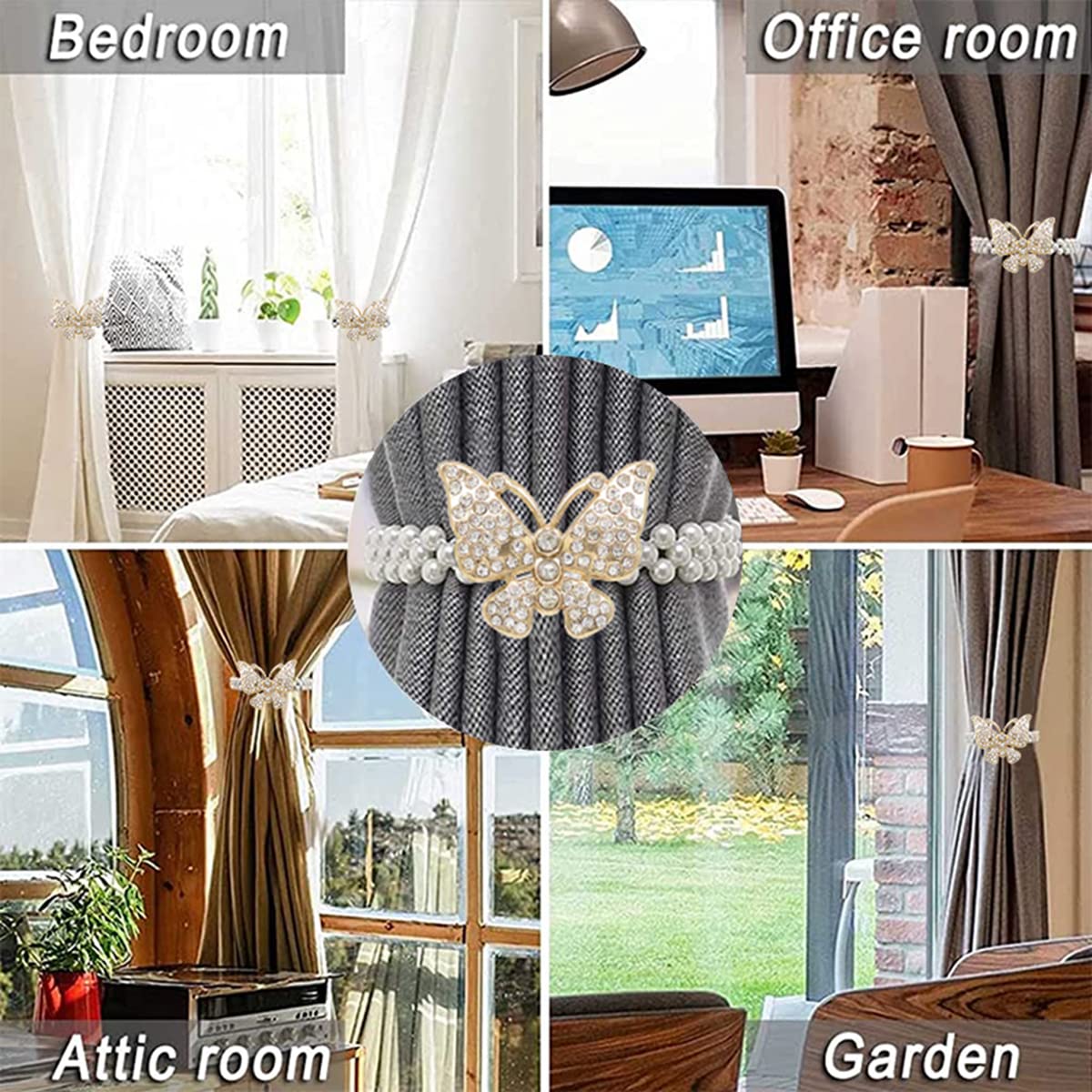 HASTHIP Curtain Tie Backs 2pcs for Home and Office featuring Elastic 50–60cm Rope | Silver Metal with Small Pearl Design