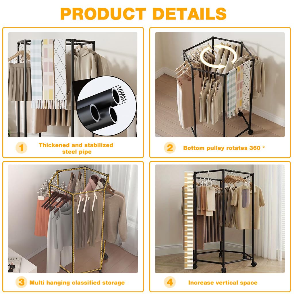 HASTHIP Cloth Hanger Rack for Laundry Room featuring Hexagon Design with 360° Wheels | Stainless Steel 35x74.5x120cm