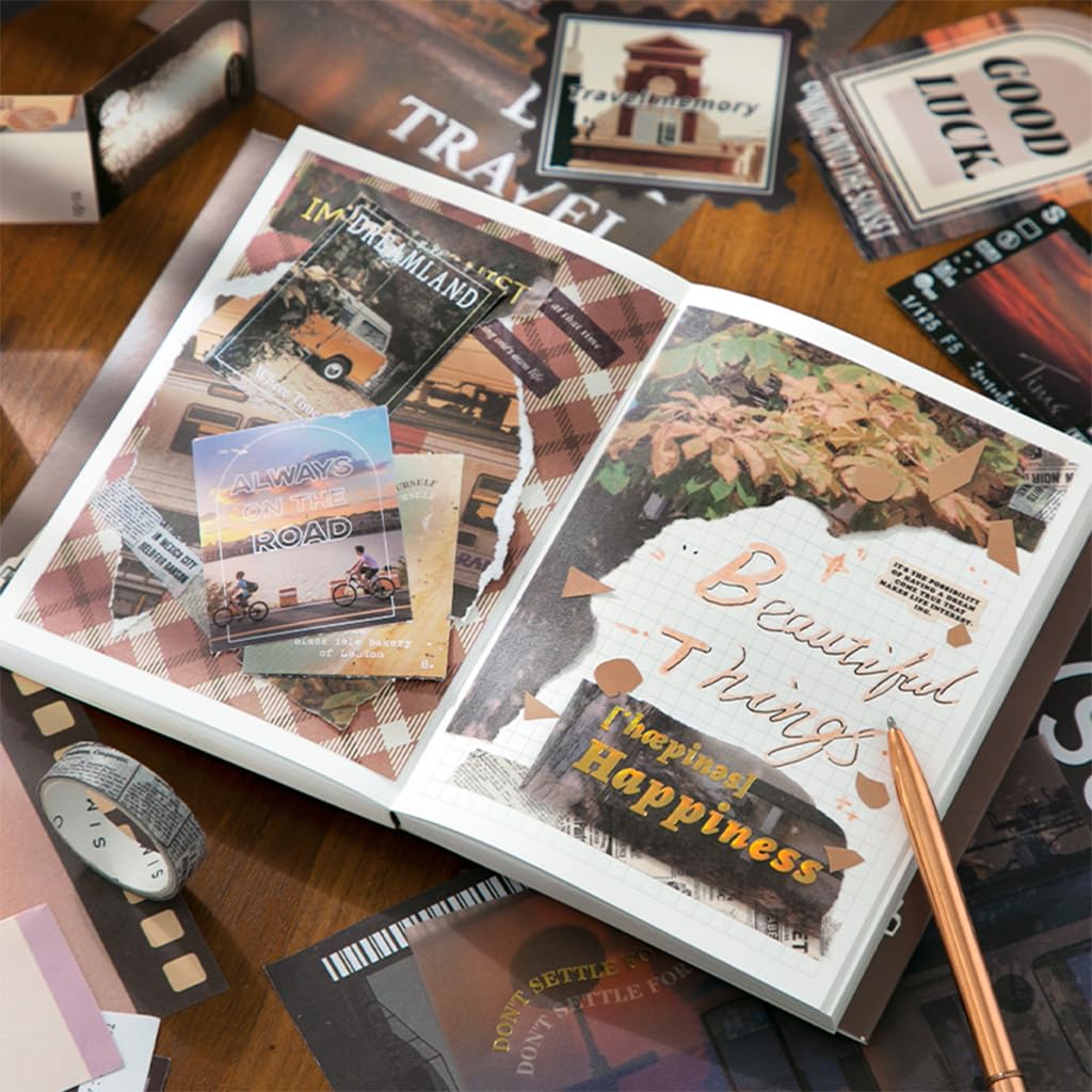 HASTHIP Vintage Scrapbooking Stickers Gift Set for DIY Journals with A6 Notebook and 160x212mm Portable Box | Brown Time-Themed Stationery