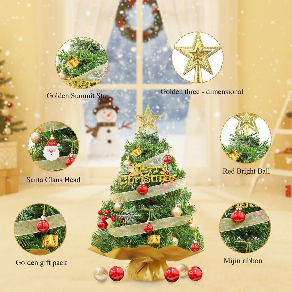 Christmas Tree for Home Decor with Full Set Decorative Items, 24 Inch/60 CM Premium Mini Xmas Trees for Christmas, Office School House Restaurants Store Decoration, DIY Assembly Xmas Tree