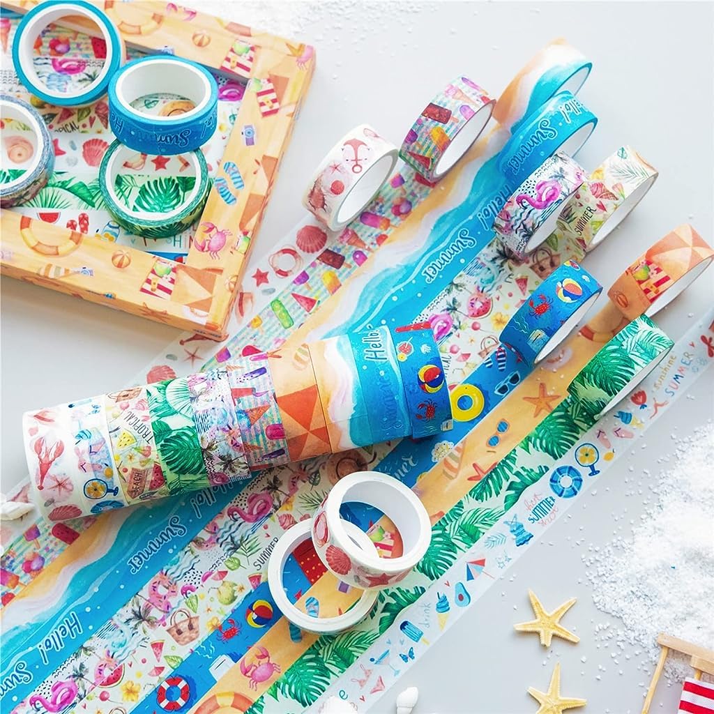 HASTHIP Washi Tape Set for Journals and Scrapbooking featuring 10 Rolls 15mm x 5m | Summer Ocean Designs
