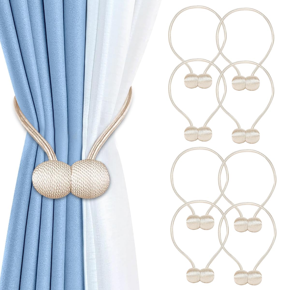 HASTHIP Magnetic Curtain Tiebacks for Home and Office Featuring 40cm Rope & Anti Rust Magnets | 8Pcs Beige Set