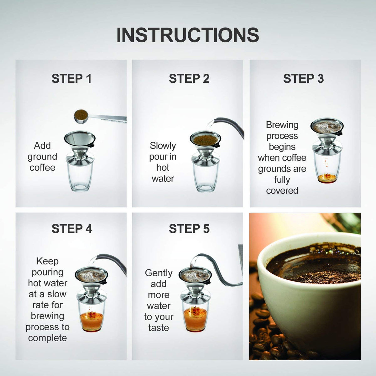 HASTHIP Pour Over Coffee Dripper for Hand Brewing with Dual Filter Mesh | 1-6 Cup Stainless Steel Reusable Set