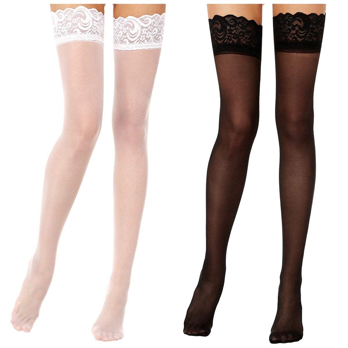 HASTHIP® Medias de seda para mujer con encaje, medias hasta el muslo con banda de silicona antideslizante, ultrafinas y brillantes, ideales para uso diario, disponibles en varios colores