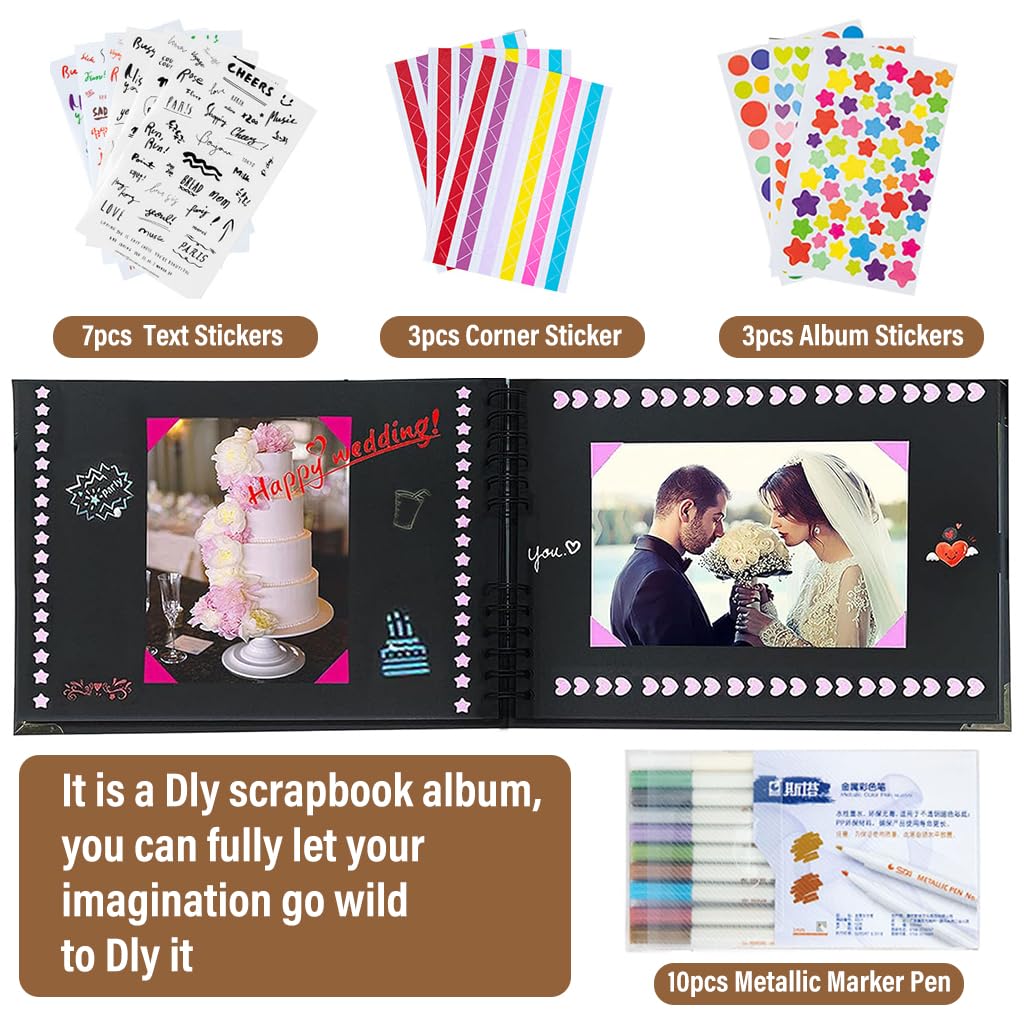 HASTHIP DIY Scrapbook Photo Album Kit for Weddings and Anniversaries with Ribbon Closure 80 Pages Black | Perfect Memory Gift