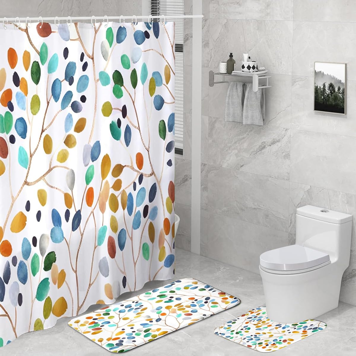 HASTHIP Boho Leaf Bathroom Set for Modern Indian Homes featuring Waterproof Curtain | 3-Piece Combo with Toilet Cover and Absorbent Mat