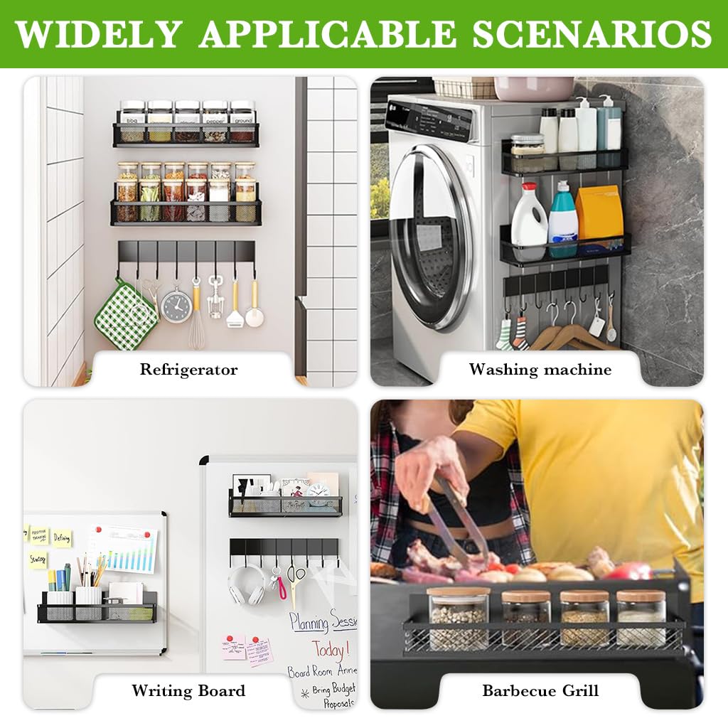 HASTHIP Magnetic Kitchen Organiser for Fridge with 10 in 1 Hook Rack and 3 Metal Baskets
