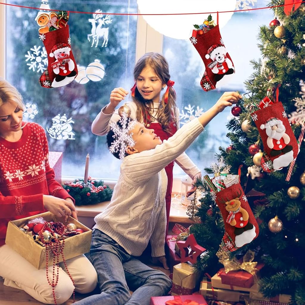 HASTHIP® 4PCS Christmas Stockings Decorations Large Red Bear Santa Snowman Reindeer Socks Gifts Hangings for Tree Decor Door