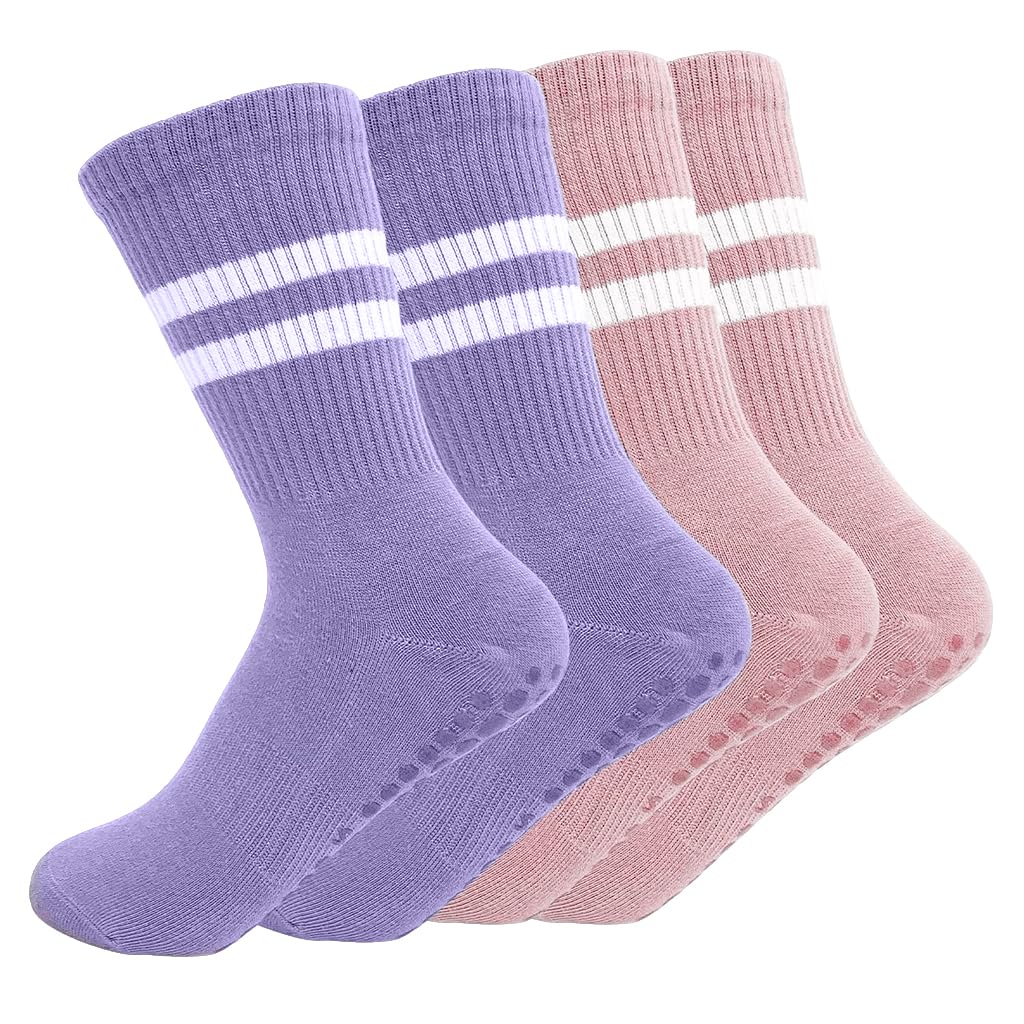 HASTHIP® Calcetines de Yoga para Mujer,Antideslizantes y Transpirables de Algodón,Compresión y Antiolor para Yoga Pilates Danza Running 2 Pares Rosas Morados
