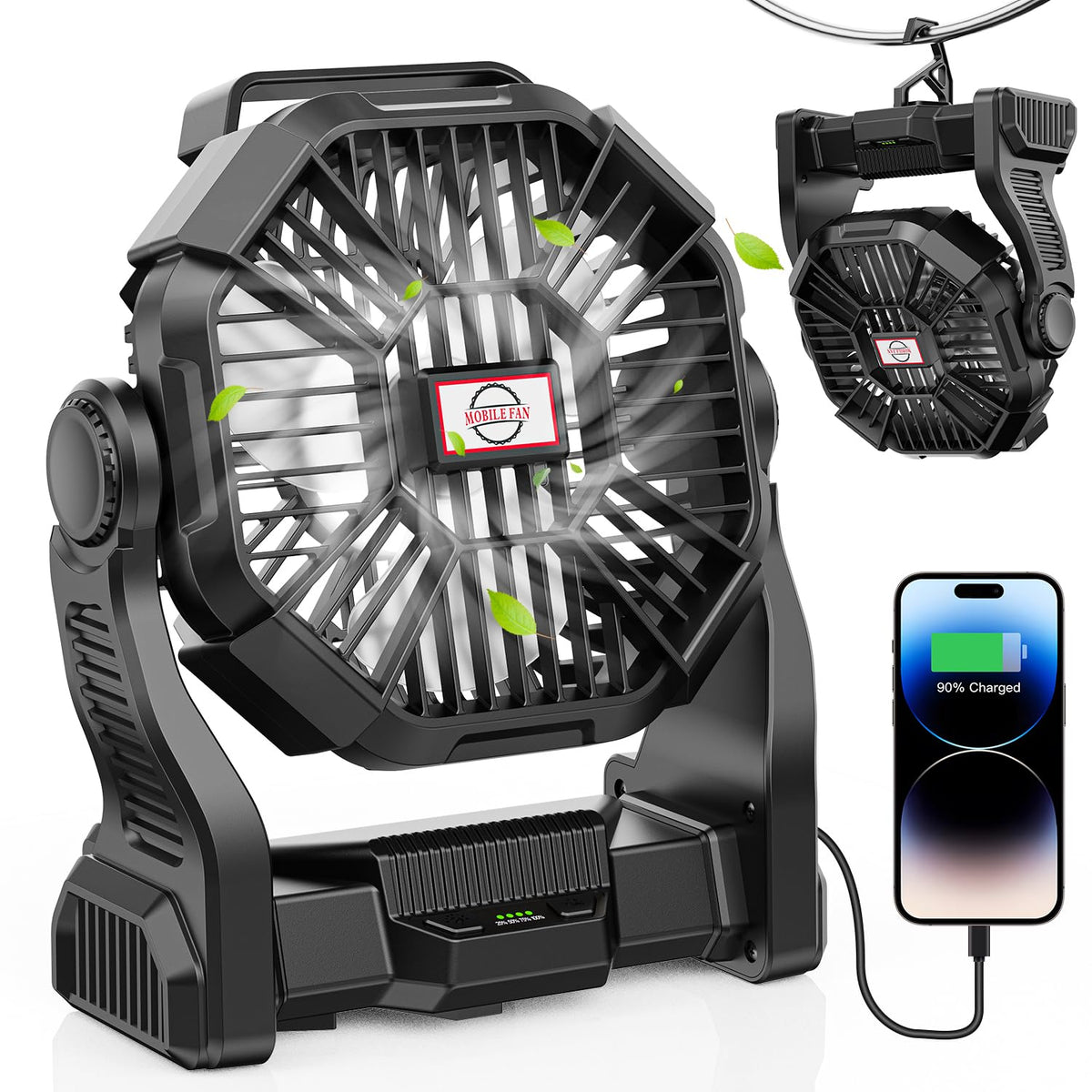 HASTHIP® Outdoor Camping USB Fan with LED Light & Power Bank, 3-in-1 USB Rechargeable Fan, 4 Speeds, 3 Brightness Levels, Adjustable Angle, Desk Stand & Hanging Hook, 21.5x8.9x25.5cm