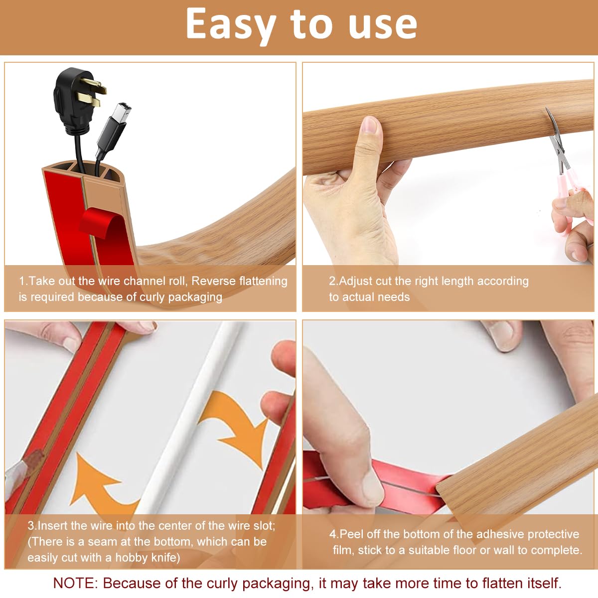 HASTHIP Floor Cord Cover for Cable Management with Self Adhesive Backing 6.6 ft PVC Sleeve