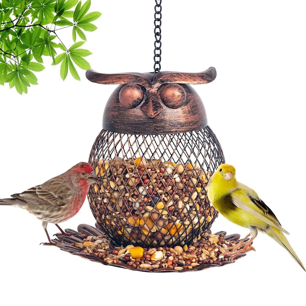 HASTHIP Outdoor Bird Feeder for Garden and Patio with Floral Bottom Tray 14.5x15cm Iron Mesh Owl Design