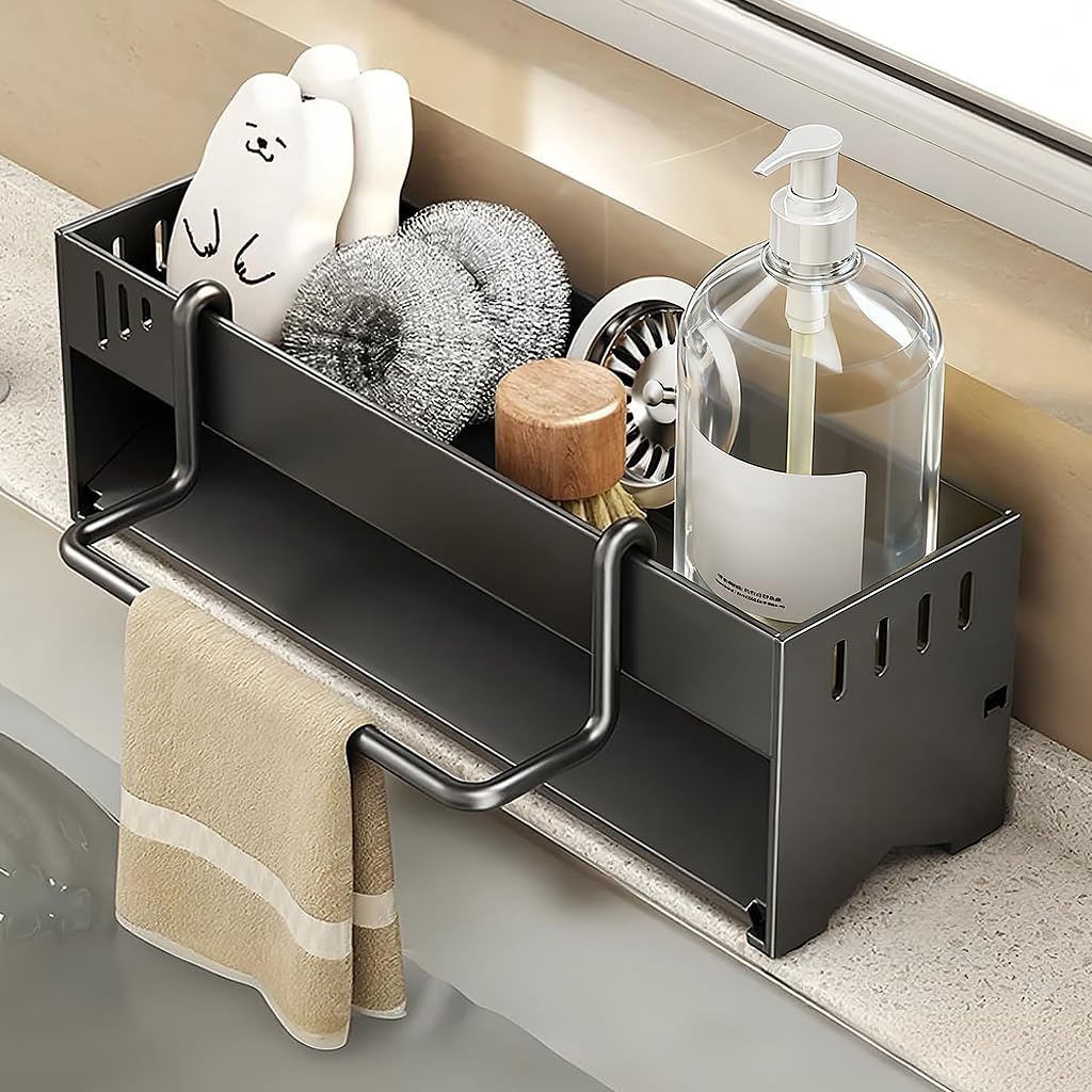 HASTHIP Metal Sponge Holder for Kitchen Sink with Water Guiding Panel & Towel Bar | 30.5x9.6x9 cm Stainless Steel Organizer