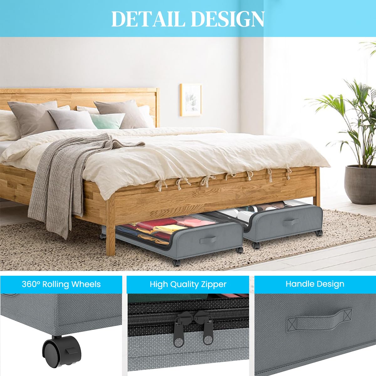HASTHIP Under Bed Storage for Clothes and Shoes with Wheels and Clear Lid 80x44x13cm