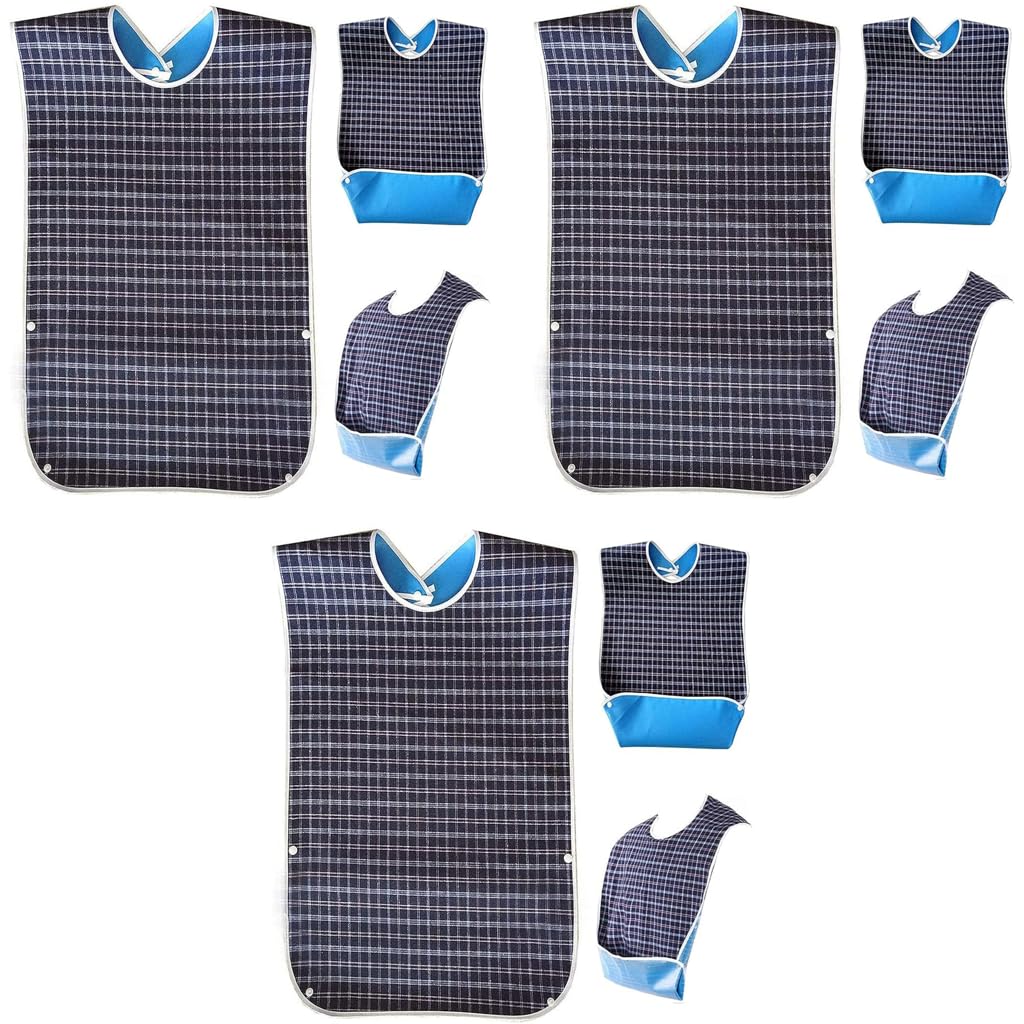 HASTHIP Adult Bibs for Elderly with Waterproof Anti Oil Layer 78 x 44cm Blue 3 PCS | Washable Mealtime Clothing Protector