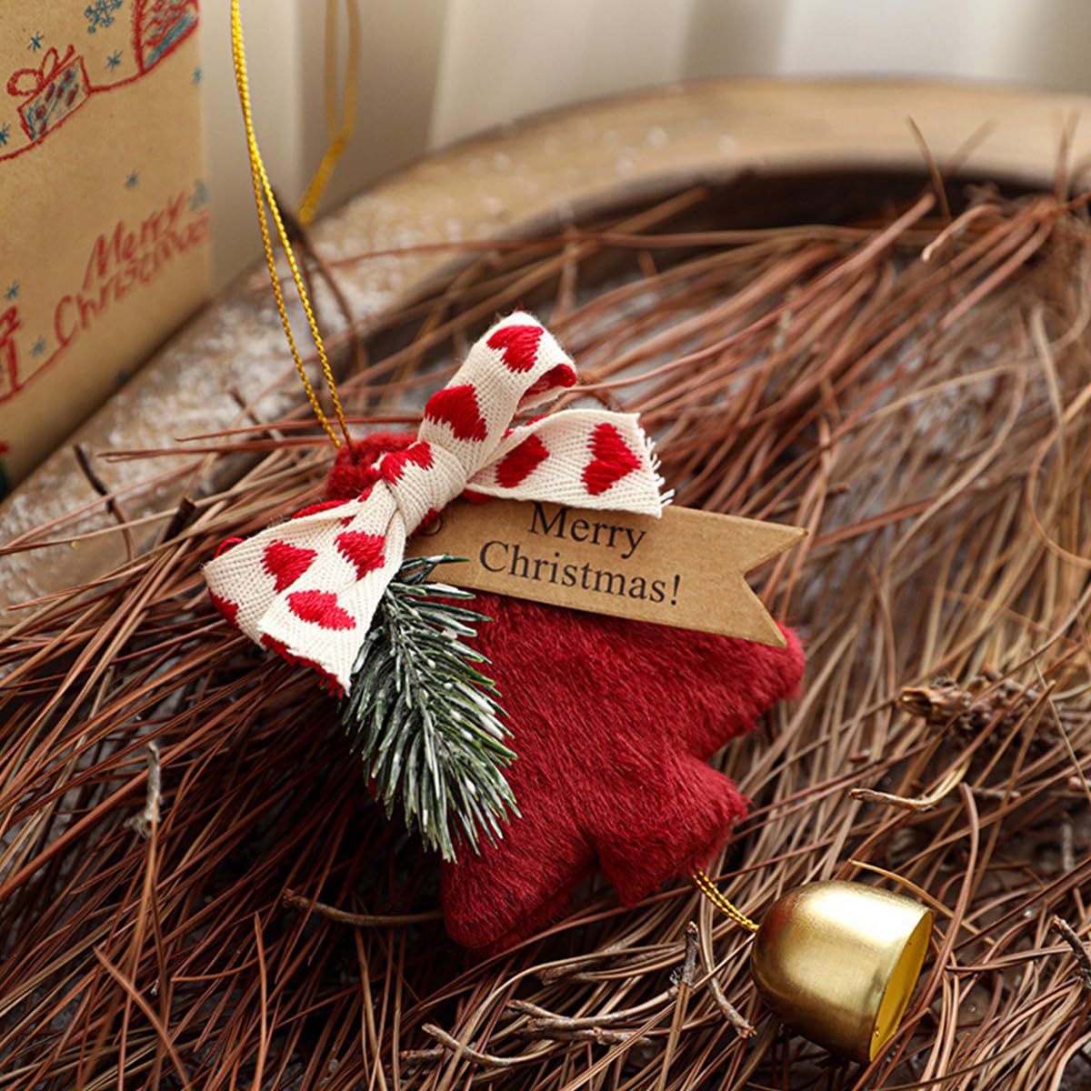 HASTHIP Christmas Tree Ornament for Home and Car Decor featuring Golden Bell and Red Plush 14x23cm