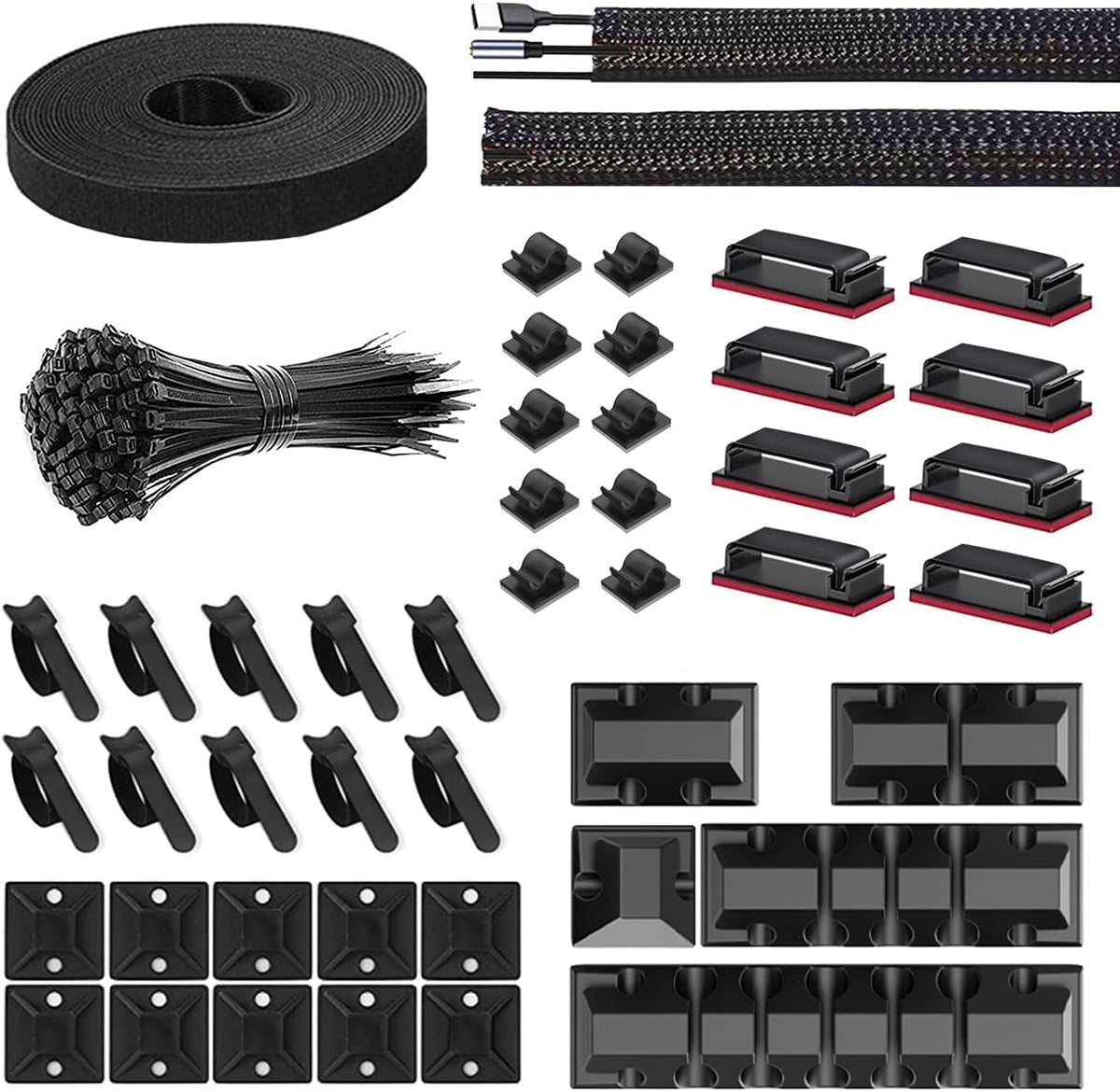 HASTHIP® Cable Management Kit |146Pcs Tidy for Home Office Under Desk- 100 Wire Organizer Ties, 5 Upgrade Silicone Holder, 2 Sleeve, 28 Adhesive Clips, 1 Roll Organiser Straps etc, Black