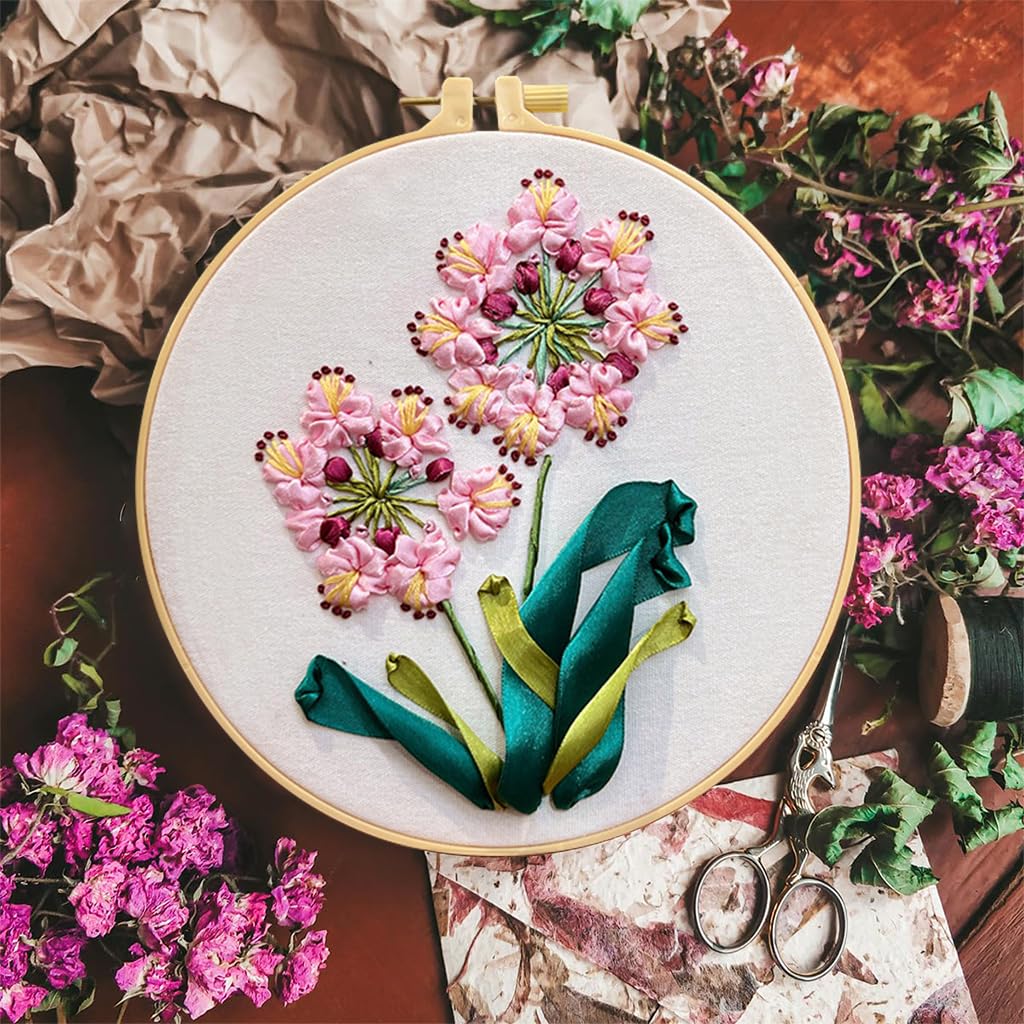 HASTHIP Embroidery Kit for Beginners with Pre Printed Canvas and Ribbon Art | Light Pink Set
