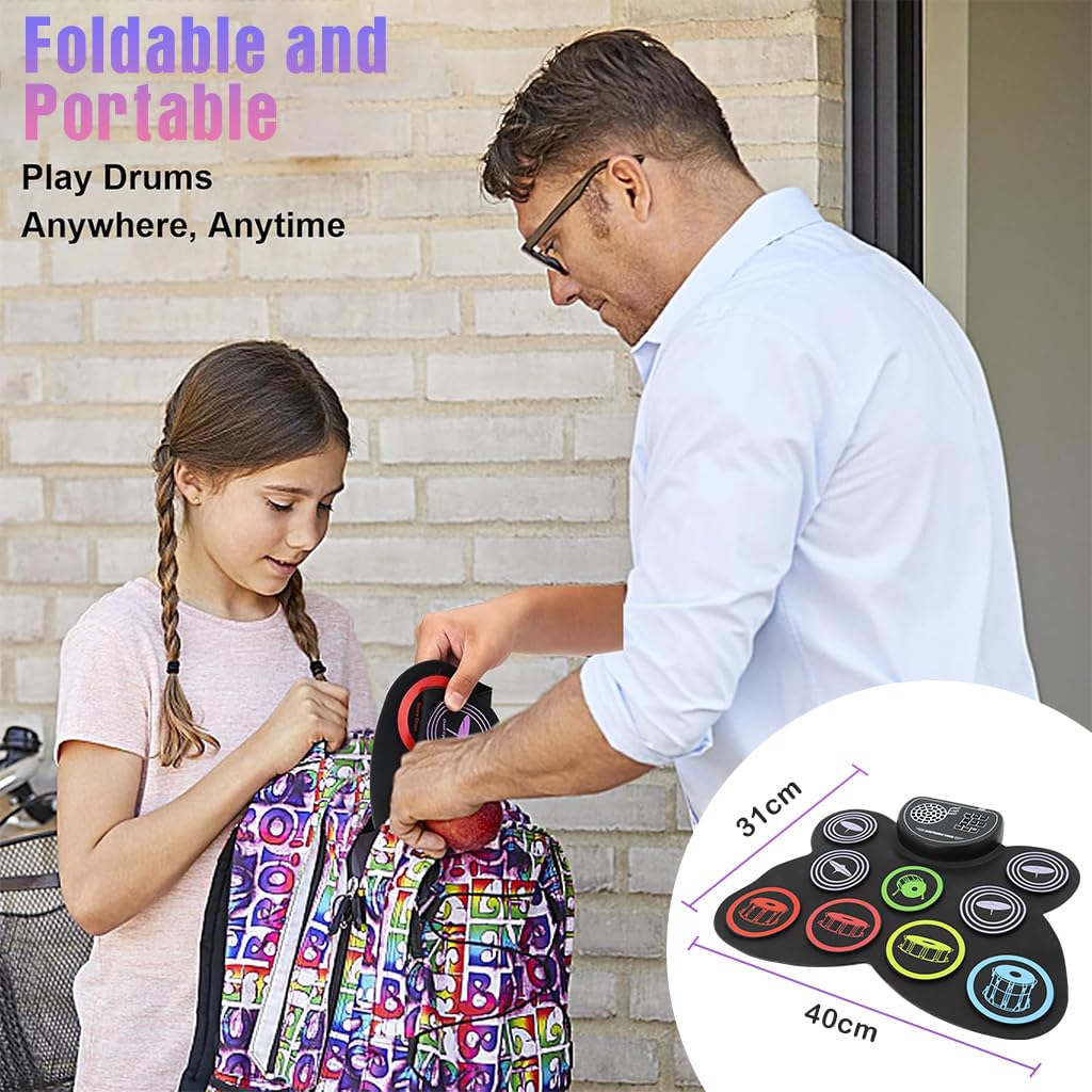 HASTHIP Electronic Drum Set for Beginners with 9 Pads and Dual Pedals | Portable Roll Up Design