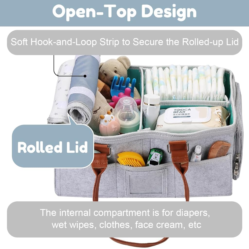 HASTHIP® Organizador de Pañales de Bebé Fieltro con Asas,Cesta Portátil Multi Compartimentos para Artículos Bebé,Bolsa Organizadora para Mamá,Regalo Baby Shower y Esenciales