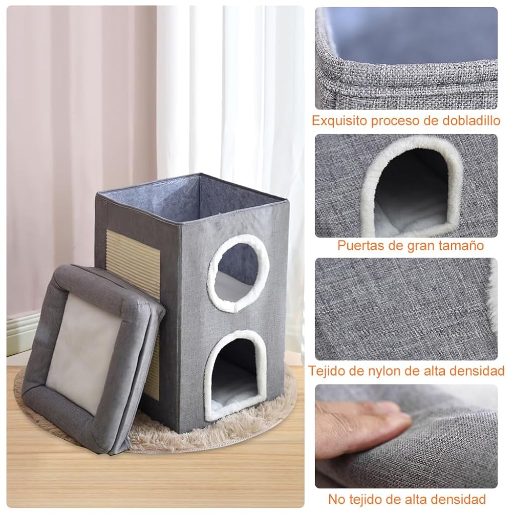 HASTHIP® Foldable Cat House, Cat Bed for Indoor Cats, for Cat Multi Opens Game Tunnel for Cat Double Layer Cat House with Atop Platform & Cat Scratcher Board DIY Assembly Cat House All Season Use