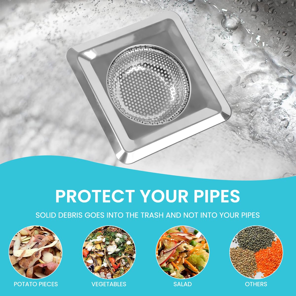 HASTHIP® 2Pcs Square Stainless Steel Kitchen Strainer, Drain Filter, Wide Rim Anti Clogging Mesh Drain Filter Vegetable Hair Catcher Drain Cover, 4.3 inches Diameter (Silver)