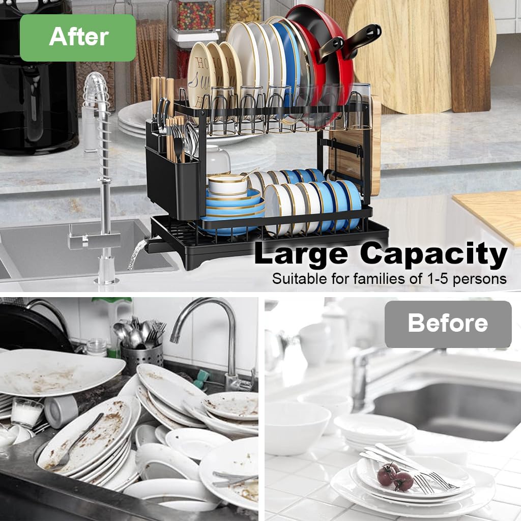 HASTHIP® Dish Drying Rack, Double Dish Drying Rack, Dish Drying Stand with Utensil Holder & Drainboard Tray & Cutting Board Holder, Large Capacity Dish Drainer Collapsible Rust-Resistant Dish Rack