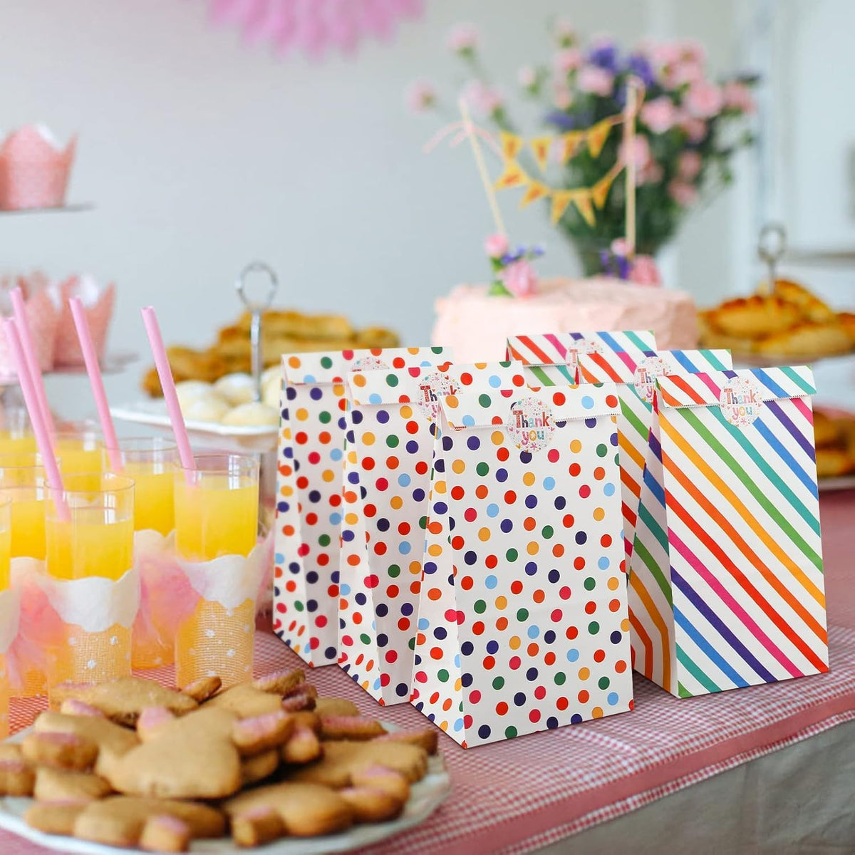 20Pcs Paper Gift Bags Candy Gift Bags Color Dots Strips Gift Bags with Stickers, Colorful Wooden Clips, Cute Tags, 10m Cotton Cord, Colorful Paper Gift Bag for Party Favor, Wedding Favor