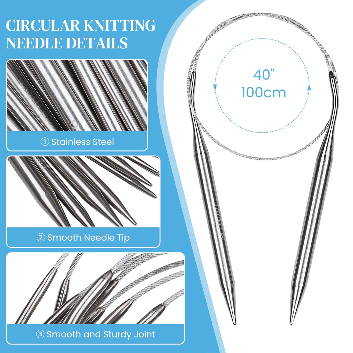 HASTHIP Knitting Circular Needles for Hats and Sweaters with 39 in Cord | 9 Pcs Stainless Steel Set