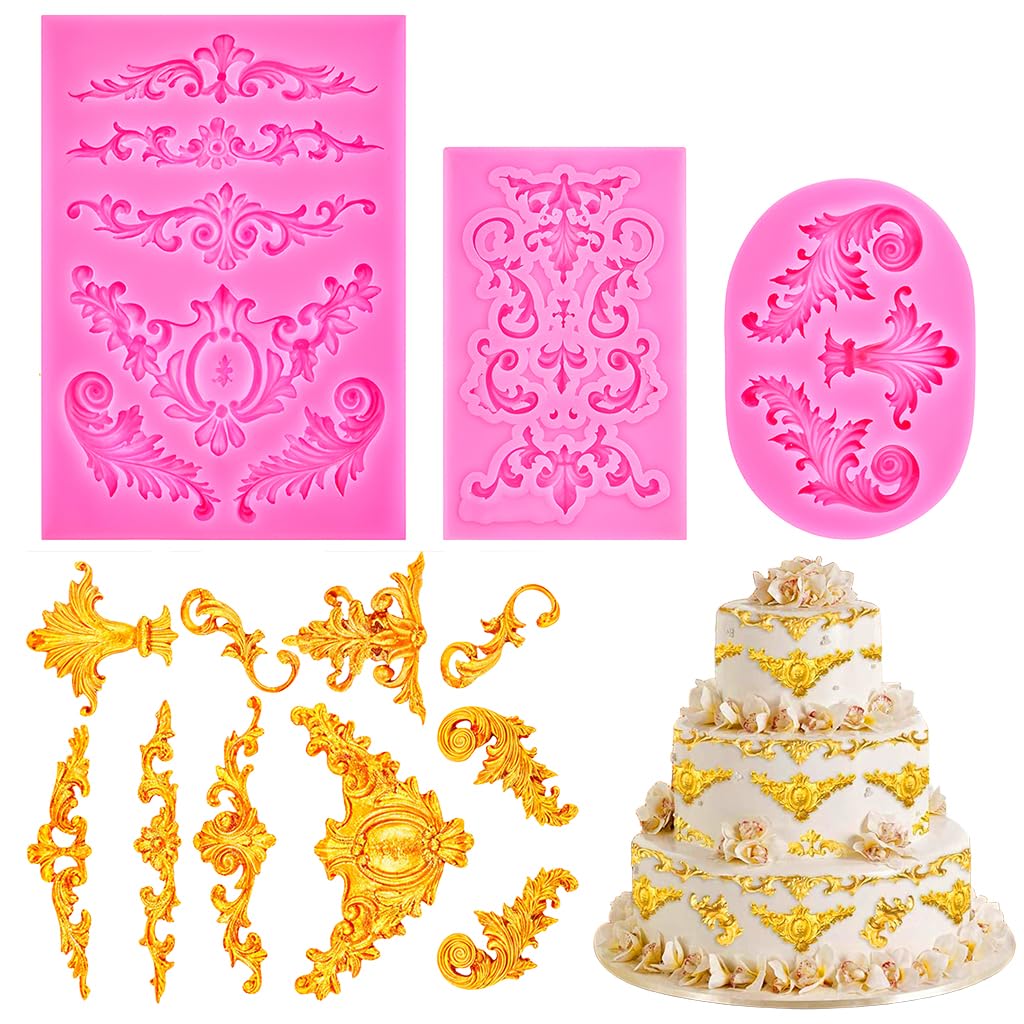 HASTHIP Fondant Silicone Molds Set of 3Pcs for Cake Decorating with Floral Lace Designs | Food Grade Reusable Baking Molds