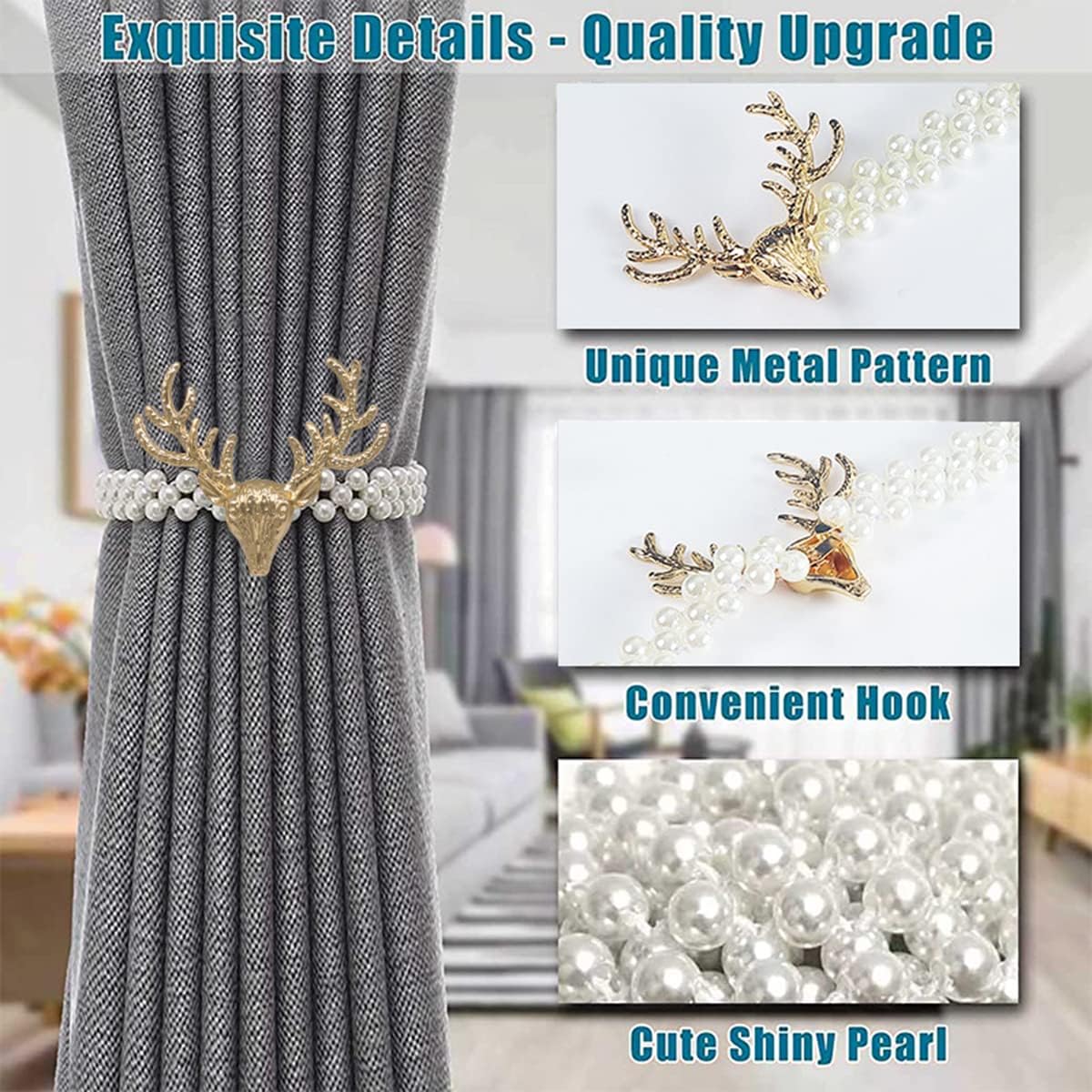 HASTHIP Curtain Tiebacks for Home and Office with Elastic Rope and Pearl Design | 2pcs Gold
