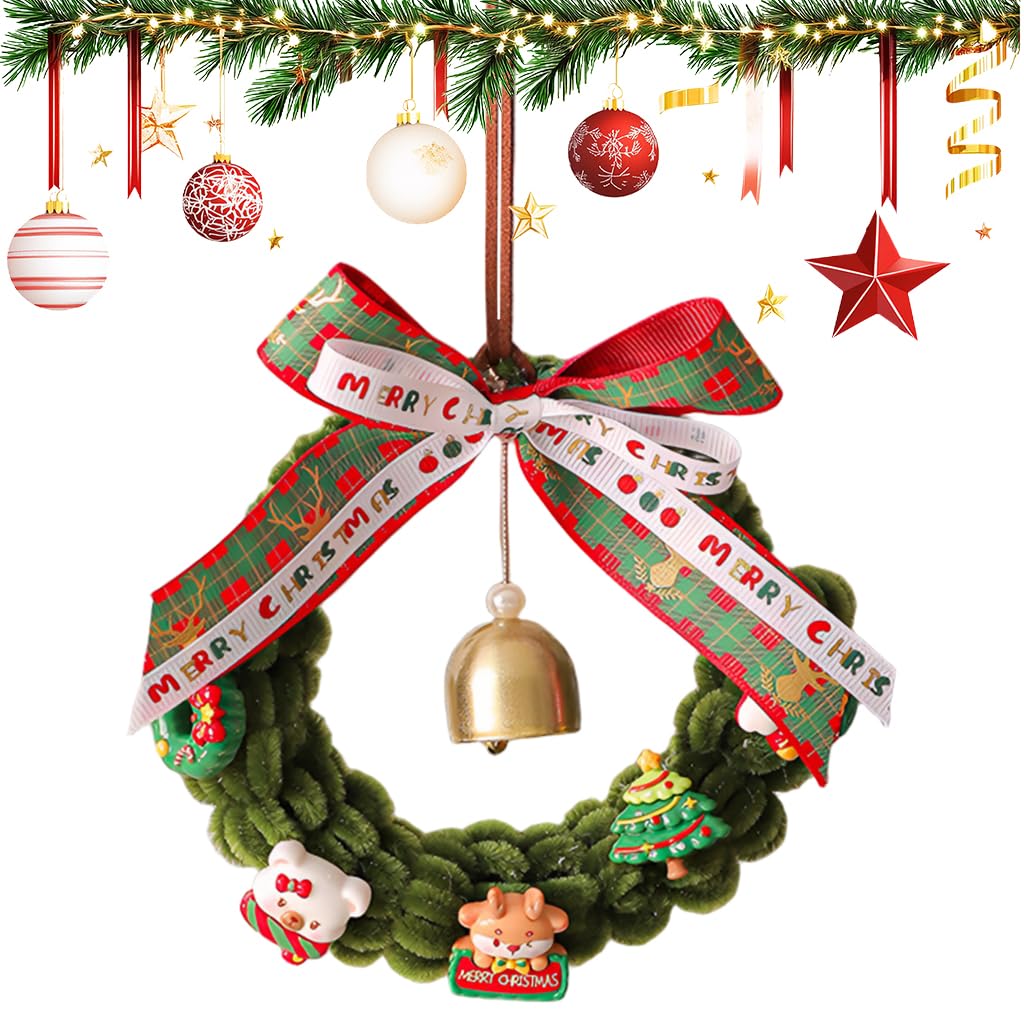 HASTHIP Christmas Wreath for Door and Window with Bell Ornaments and Ribbon Bow | Handmade Pipe Cleaner Holiday Garland Decor