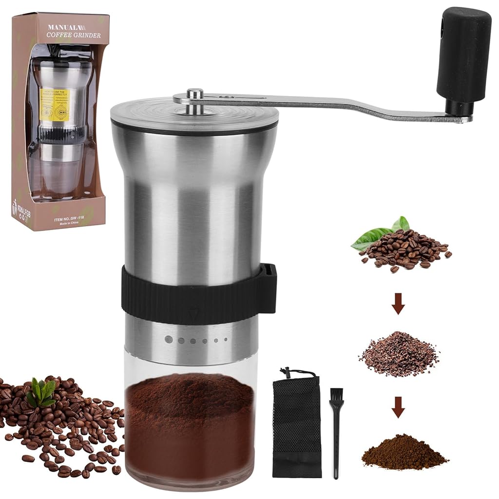 HASTHIP® Manual Coffee Bean Grinder Stainless Steel Burr Hand Coffee Grinder Hand Crank Coffee Mill Adjustable Grind Settings Portable Coffee Grinder 25g Coffee