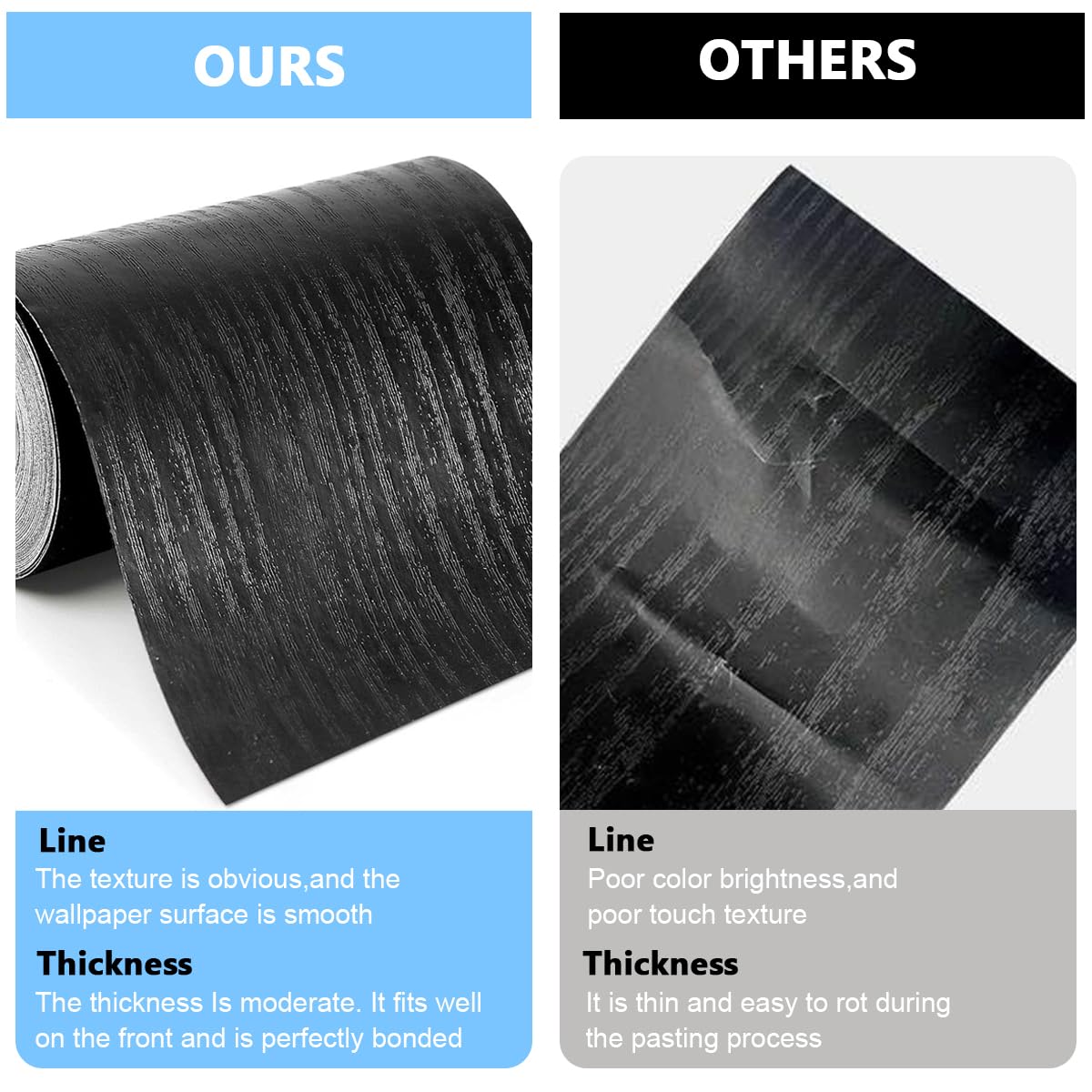 HASTHIP Wood Grain PVC Solid Stickers for Walls and Floors with Self Adhesive Backing | 32.8Ft x 3.9 Inches Waterproof Black Wooden Border