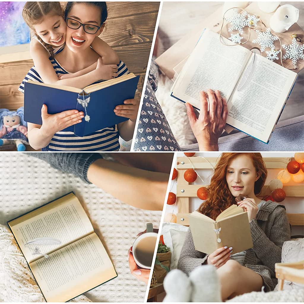 HASTHIP Metal Feather Bookmark Glow in The Dark, Bookmarks for Books, 3D Silver Butterfly Four Leaf Clover Bookmarks, Bookmark Gift for Teachers Women Student, Mothers Day, Christmas