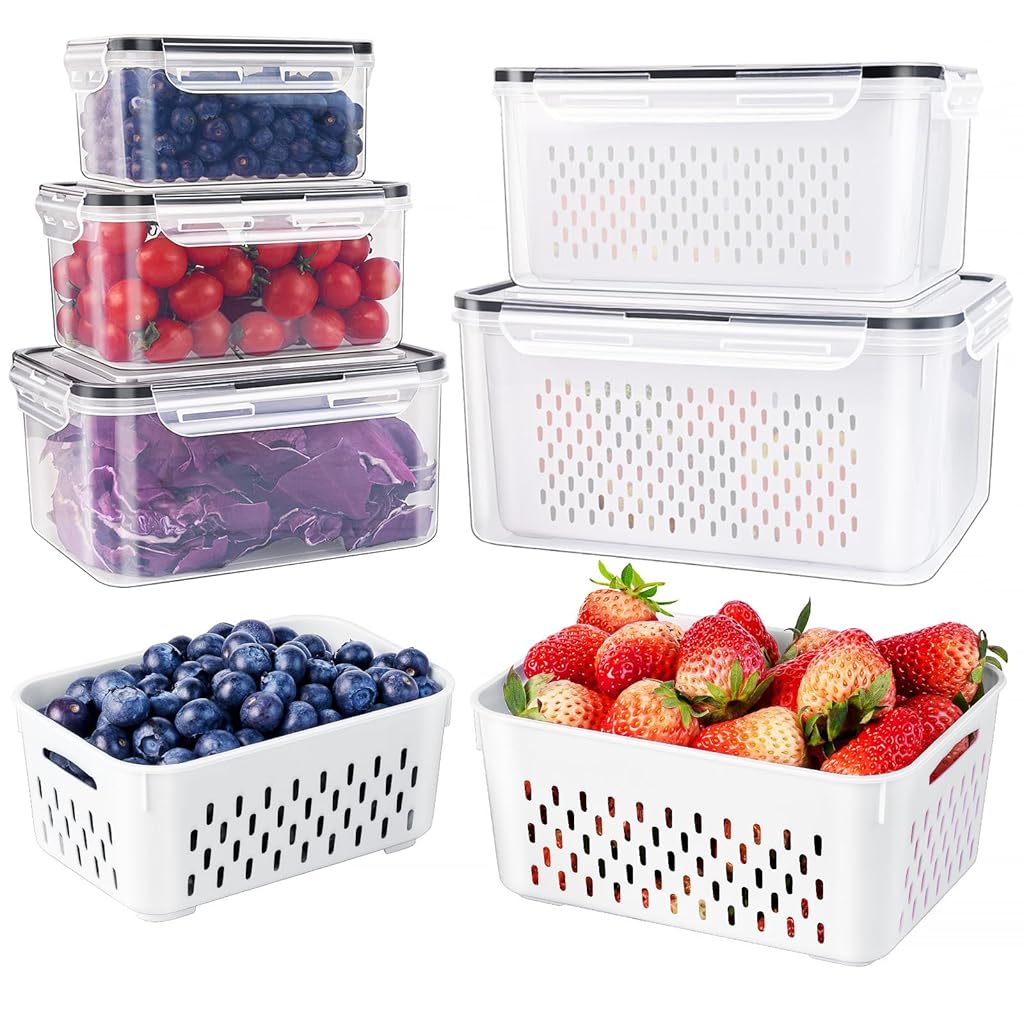 HASTHIP® 5PCS Kitchen Storage Box for Kitchen Used Fridge Storage Containers Set with Lid Airtight Container Boxes for Storage & Container Double Layer Fridge Organiser Storage Boxes with Drain Basket