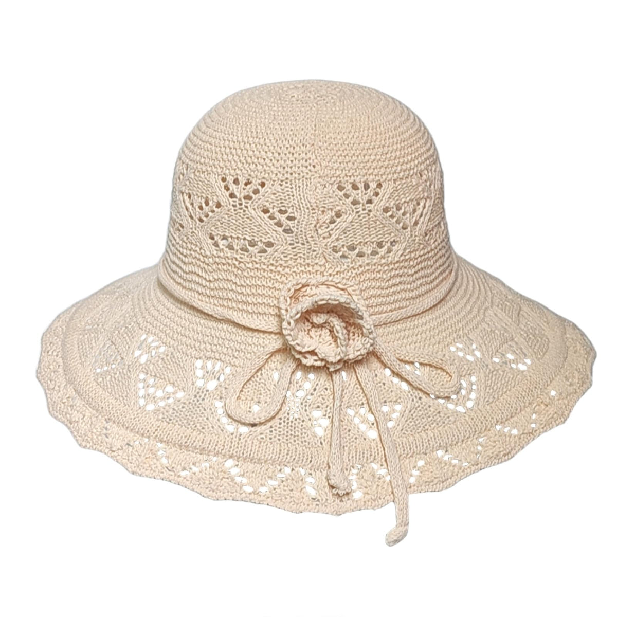 HASTHIP® Sombrero de Sol Elegante para Mujer,ala Ancha Plegable con Flores y Lazo,Sombrero de Playa Verano para Vacaciones y Jardín