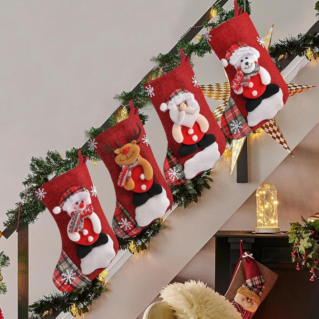 HASTHIP® 4PCS Christmas Stockings Decorations Large Red Bear Santa Snowman Reindeer Socks Gifts Hangings for Tree Decor Door