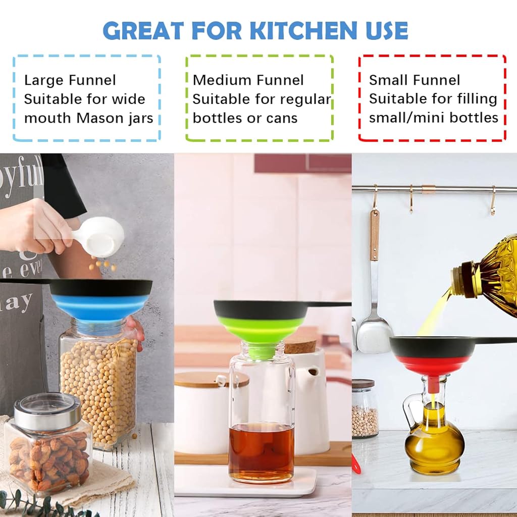 HASTHIP® Kitchen Funnels with Handle for Filling Bottles Silicone Collapsible Funnel Set for Transfer Liquid Oil and Powder Three Size Wide Mouth for Kitchen Use Mason Jars 6PCS