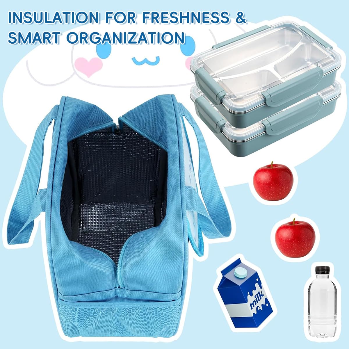 HASTHIP Lunch Bags for Kids featuring Cinnamoroll Cartoon Print 20x13.5x23cm | 3PCS Set