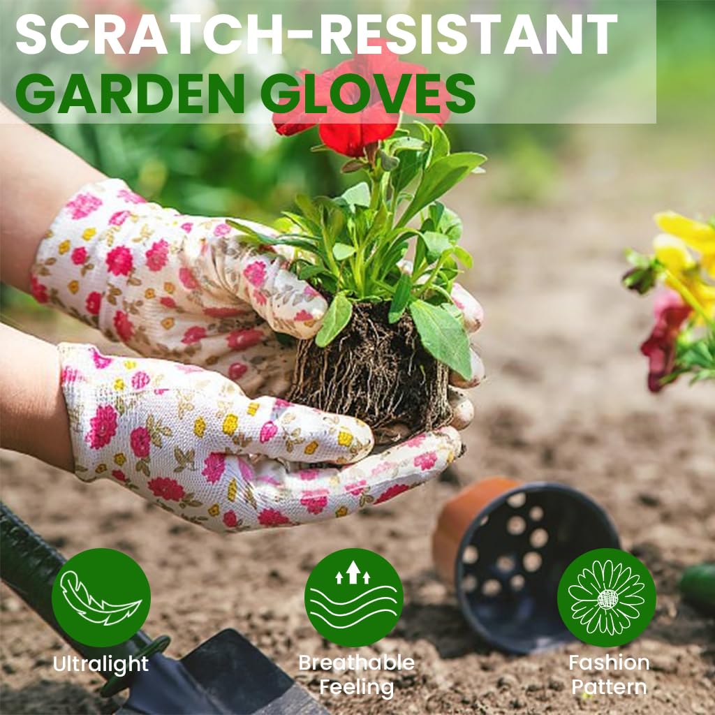 HASTHIP Gardening Gloves for Women with Full Palm Anti Slip Grip 6 Pairs Nylon Floral Print